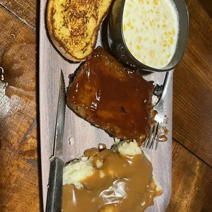 BBQ Glazed Meatloaf Dinner with chowder. Was told it was very good. Big portions.