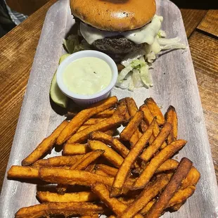 Cheese Burger with sweet potato fries. Burger was juicy, flavorful and fries were delicious.