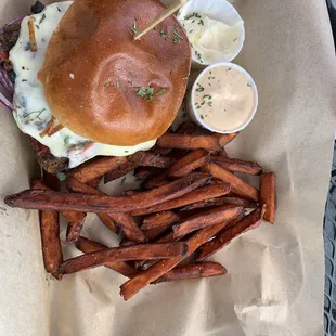 Veggie Burger and yam fries.