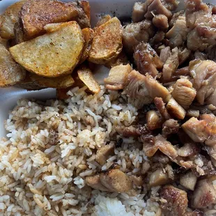 Bourbon chicken , spicy rice and spicy potatoes