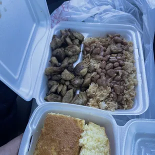 Bourbon chicken rice beans and cornbread