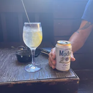 Lemon vodka spritzer and Modelo beer