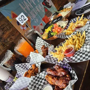 2 Texas style BBQ wings, Buffalo wings, Antipasto salad, California Cobb salad, 2 Fries. Pepsi, Crush, and Dr. Pepper.