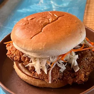 Chicken Katsu Sando with Tarragon Hot Honey -
Tangy Kohlrabi Carrot Cabbage and Slaw -
Pickles