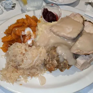 The Gobbler, a Thanksgiving special. Roasted turkey breast w gravy, mashed potatoes, dressing, sauerkraut, candied yams and cranberry sauce.