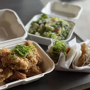 Hawaiian Style Fried Chicken w/ chop chop salad. Pork Belly and kalua pork Bao. I would definitely order again. Yummy...