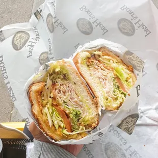 San Sanfranpsycho Sandwich with lettuce, tomatoes, pepperoncinis on Dutch crunch