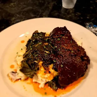 Beef short ribs mashed potatoes greens. Food was delicious