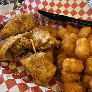 Pulled pork egg rolls and tots!