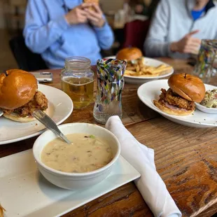 three plates of food on a table