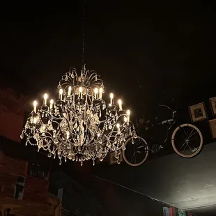 a chandelier hanging from the ceiling