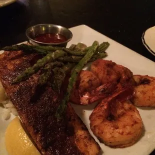 Salmon, shrimp, and asparagus