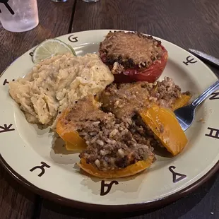 Stuffed peppers and garlic mashed potatoes.