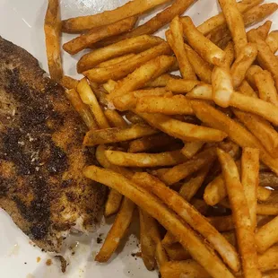 Blackened white fish with seasoned fries