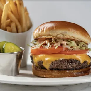 a hamburger and french fries