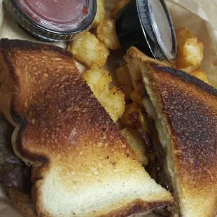 Pot roast grilled cheese with tots