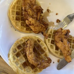 This sad plate of frozen waffles and tough chicken tenders cost $14