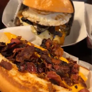 Burger with egg and hot dog