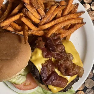 Bacon Cheeseburger with sweet potato fries