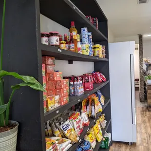 a shelf full of snacks