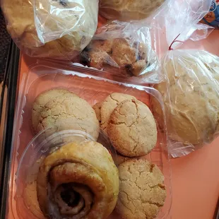 Sour dough, cinnamon raisin bread, cherry scones, sin rolls, and brown sugar cookies.