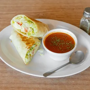 Blackened Chicken Wrap and tomato soup