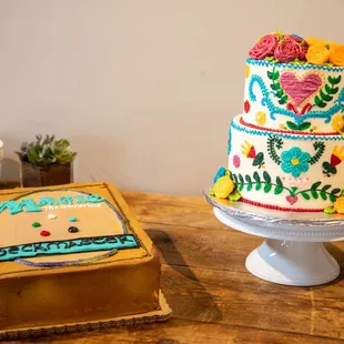 The couple's cake and groom's cake.