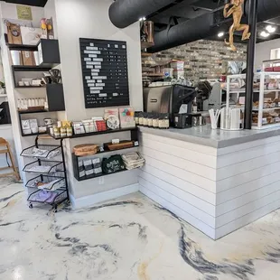 a marble counter in a bakery