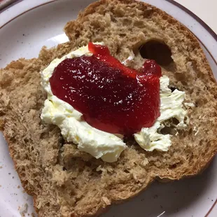 Homemade bread with butter and homemade jam.