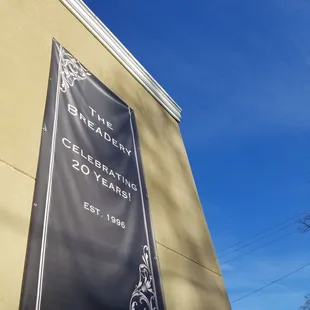 a banner on the side of a building