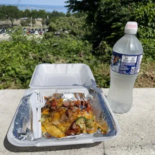 Turkey sausage omelette, with the view from the little park next to the building, dedicated to fresh water
