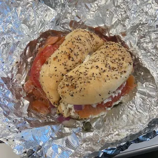 Lox on an everything bagel. I also got a complementary lemonade. So good!