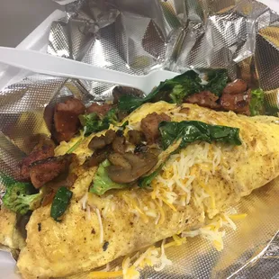 Turkey Kabasa omlet with cheese, broccoli, spinach &amp; mushrooms