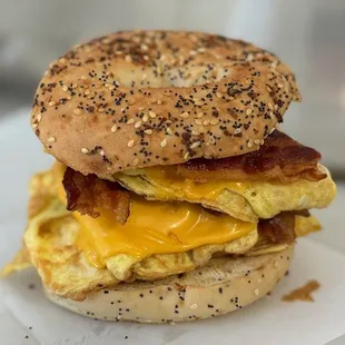 Double Stack Bacon, Egg and Cheese on an Everything Bagel