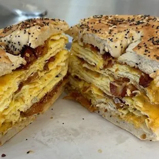 Triple Stack Bacon, Egg and Cheese on an Everything Bagel