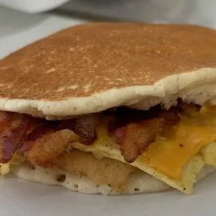 Bacon, Egg and Cheese on Pancakes