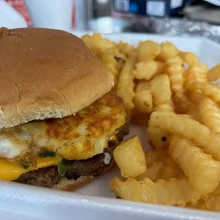 Cheese Burger with Egg and Hash Brown and Crinkle French Fries