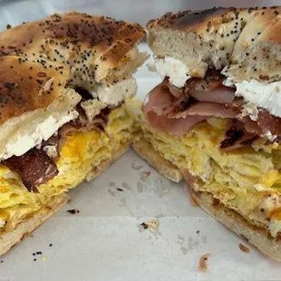 Triple Bacon, Ham, Egg and Cheese with Cream Cheese on an Everything Bagel