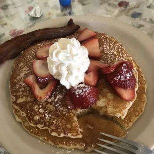 Buttermilk Pancakes with fresh strawberries and whipped cream! Amazing!