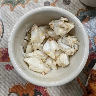 Side of crab meat for the poached eggs.