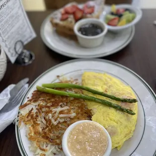 Lobster and shrimp omelette and Fresh Strawberry Cream Cheese French Toast