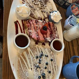 Red velvet pancake, strawberry French toast, blueberry lemon ricotta pancake