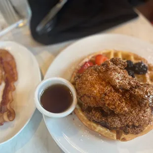Chicken and waffles with a side of bacon