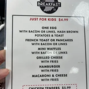 Kids menu