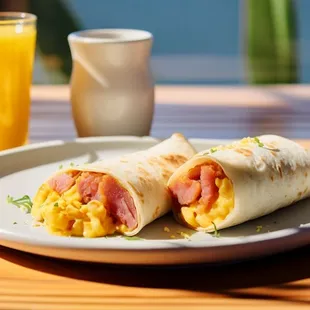 a breakfast burrito and a glass of orange juice