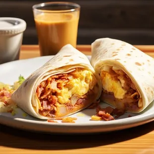 a breakfast burrito and a drink