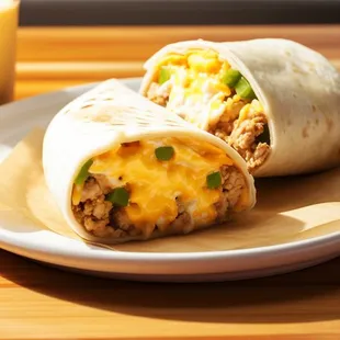 a burrito and a glass of orange juice