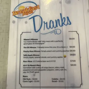 Drink menu with not a mimosa on it that is $10 and they all have juice in it?? ‍‍‍