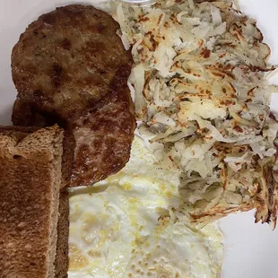 Sausage, eggs, and hash-browns