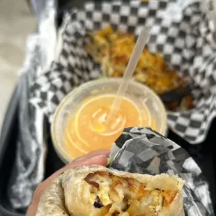 turkey sausage breakfast burrito  fresh oj hashbrowns